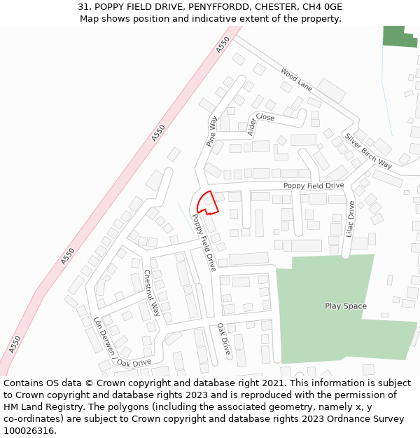 31, POPPY FIELD DRIVE, PENYFFORDD, CHESTER, CH4 0GE: Location map and indicative extent of plot