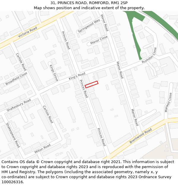 31, PRINCES ROAD, ROMFORD, RM1 2SP: Location map and indicative extent of plot