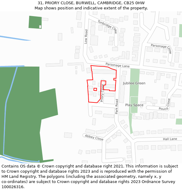 31, PRIORY CLOSE, BURWELL, CAMBRIDGE, CB25 0HW: Location map and indicative extent of plot