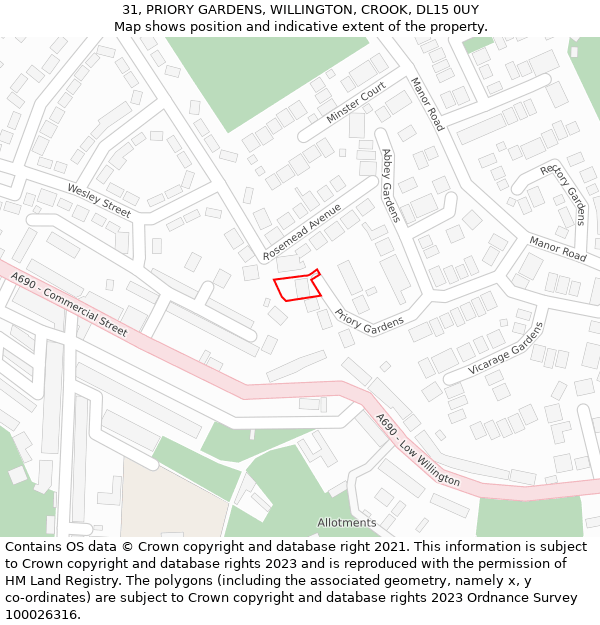 31, PRIORY GARDENS, WILLINGTON, CROOK, DL15 0UY: Location map and indicative extent of plot
