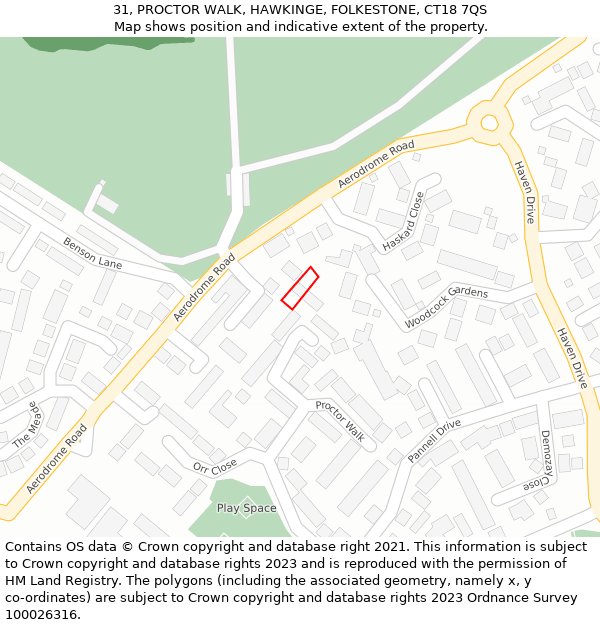 31, PROCTOR WALK, HAWKINGE, FOLKESTONE, CT18 7QS: Location map and indicative extent of plot