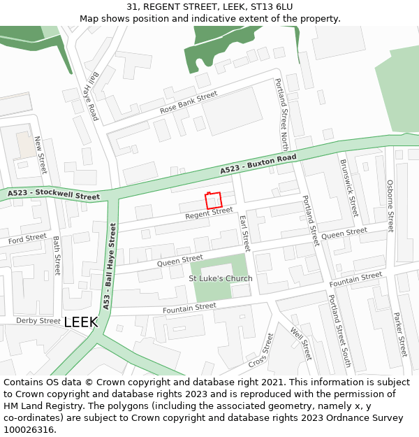 31, REGENT STREET, LEEK, ST13 6LU: Location map and indicative extent of plot