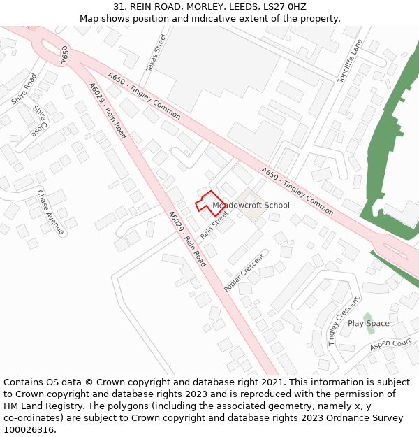 31, REIN ROAD, MORLEY, LEEDS, LS27 0HZ: Location map and indicative extent of plot