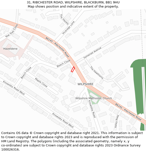 31, RIBCHESTER ROAD, WILPSHIRE, BLACKBURN, BB1 9HU: Location map and indicative extent of plot
