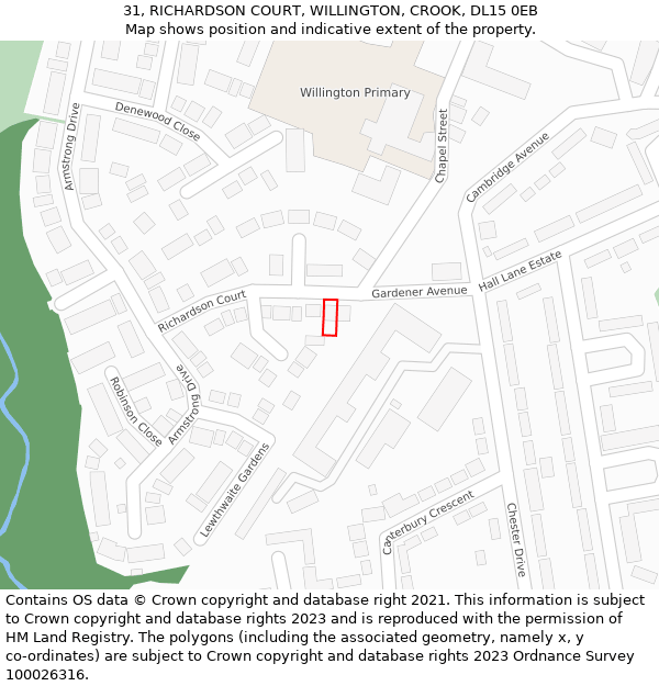 31, RICHARDSON COURT, WILLINGTON, CROOK, DL15 0EB: Location map and indicative extent of plot