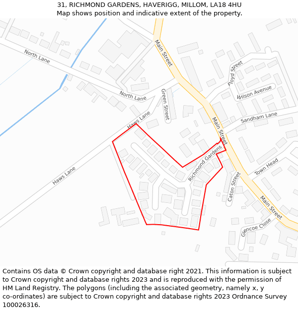 31, RICHMOND GARDENS, HAVERIGG, MILLOM, LA18 4HU: Location map and indicative extent of plot