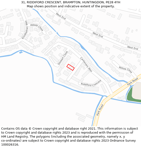 31, RIDDIFORD CRESCENT, BRAMPTON, HUNTINGDON, PE28 4YH: Location map and indicative extent of plot