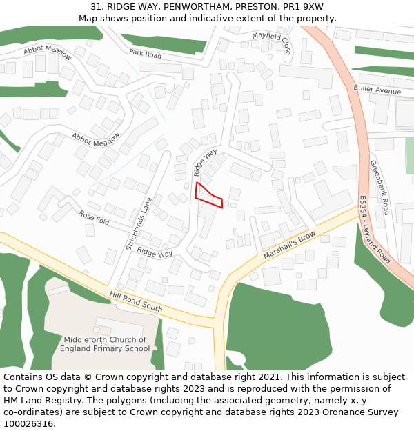 31, RIDGE WAY, PENWORTHAM, PRESTON, PR1 9XW: Location map and indicative extent of plot