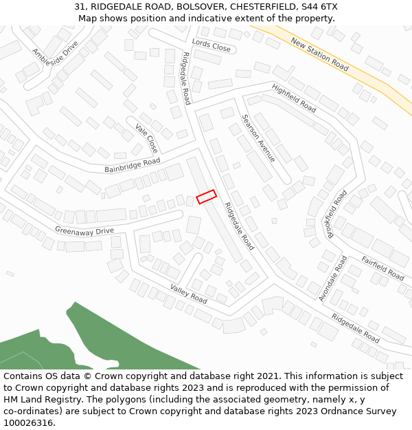 31, RIDGEDALE ROAD, BOLSOVER, CHESTERFIELD, S44 6TX: Location map and indicative extent of plot