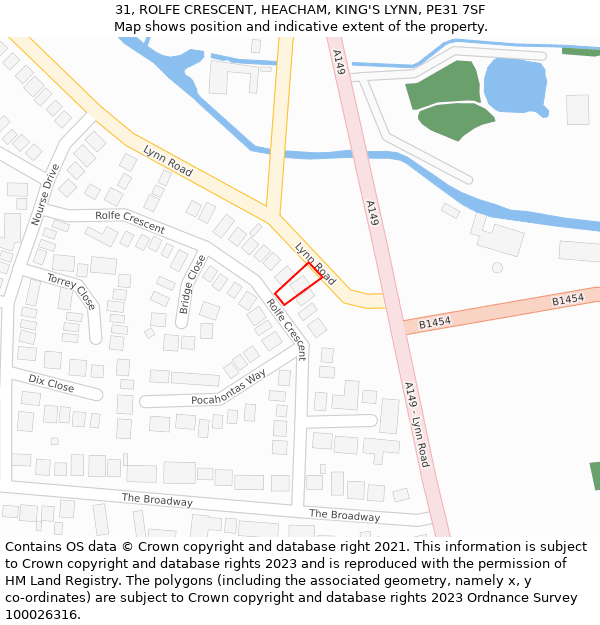 31, ROLFE CRESCENT, HEACHAM, KING'S LYNN, PE31 7SF: Location map and indicative extent of plot