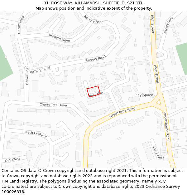 31, ROSE WAY, KILLAMARSH, SHEFFIELD, S21 1TL: Location map and indicative extent of plot