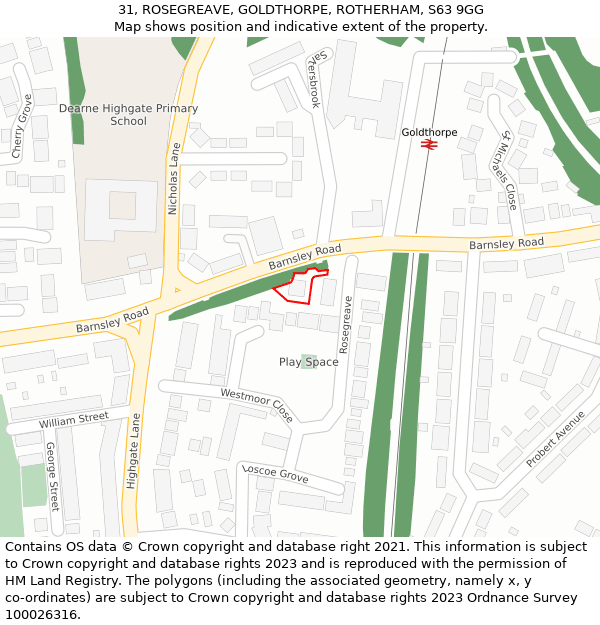 31, ROSEGREAVE, GOLDTHORPE, ROTHERHAM, S63 9GG: Location map and indicative extent of plot