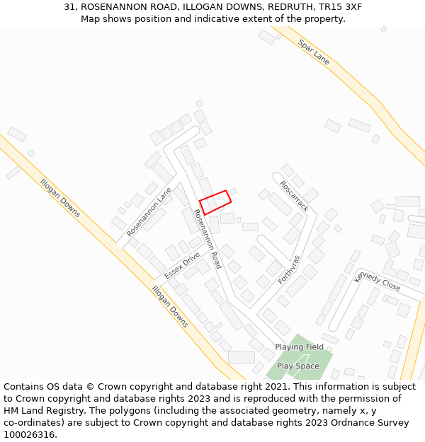 31, ROSENANNON ROAD, ILLOGAN DOWNS, REDRUTH, TR15 3XF: Location map and indicative extent of plot