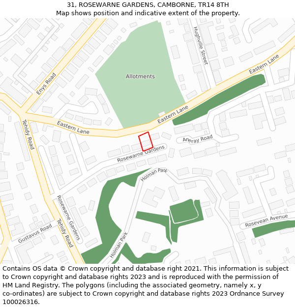 31, ROSEWARNE GARDENS, CAMBORNE, TR14 8TH: Location map and indicative extent of plot