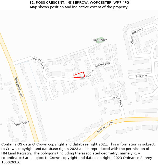 31, ROSS CRESCENT, INKBERROW, WORCESTER, WR7 4FG: Location map and indicative extent of plot