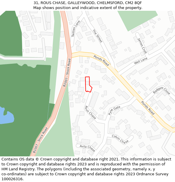 31, ROUS CHASE, GALLEYWOOD, CHELMSFORD, CM2 8QF: Location map and indicative extent of plot