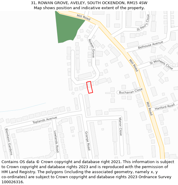 31, ROWAN GROVE, AVELEY, SOUTH OCKENDON, RM15 4SW: Location map and indicative extent of plot