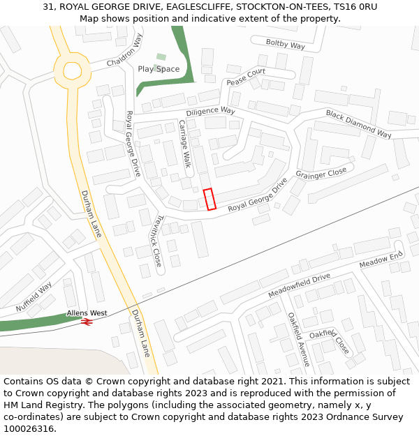 31, ROYAL GEORGE DRIVE, EAGLESCLIFFE, STOCKTON-ON-TEES, TS16 0RU: Location map and indicative extent of plot
