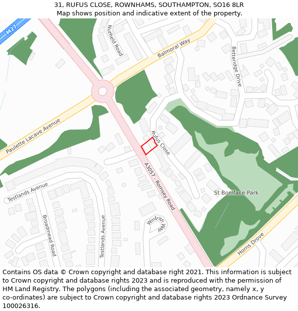 31, RUFUS CLOSE, ROWNHAMS, SOUTHAMPTON, SO16 8LR: Location map and indicative extent of plot