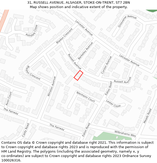 31, RUSSELL AVENUE, ALSAGER, STOKE-ON-TRENT, ST7 2BN: Location map and indicative extent of plot