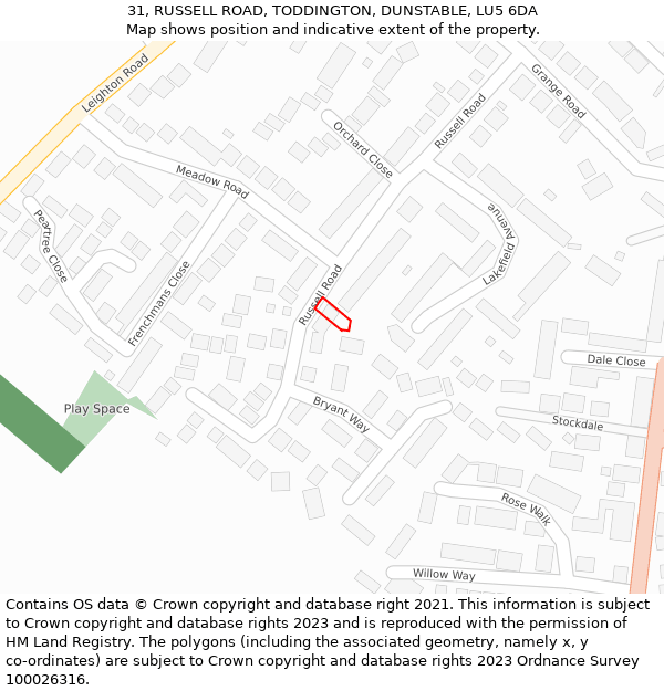 31, RUSSELL ROAD, TODDINGTON, DUNSTABLE, LU5 6DA: Location map and indicative extent of plot