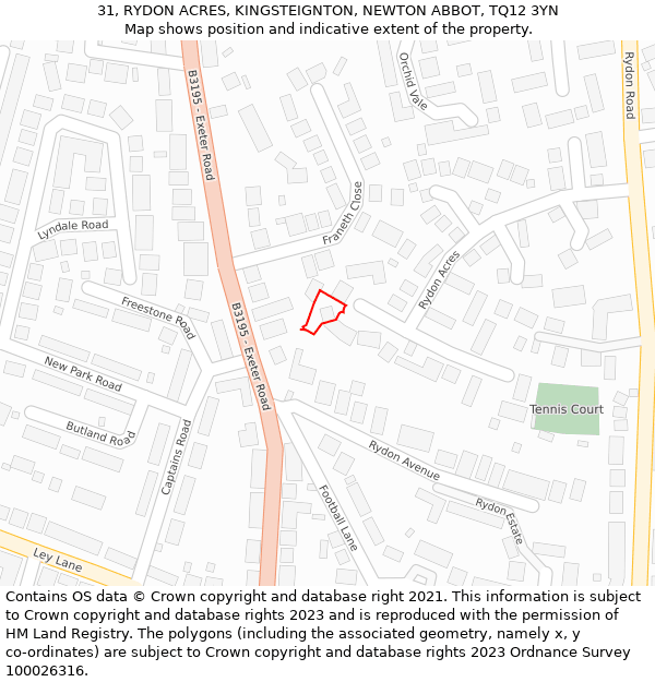 31, RYDON ACRES, KINGSTEIGNTON, NEWTON ABBOT, TQ12 3YN: Location map and indicative extent of plot