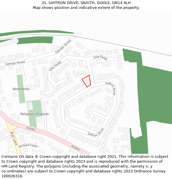 31, SAFFRON DRIVE, SNAITH, GOOLE, DN14 9LH: Location map and indicative extent of plot