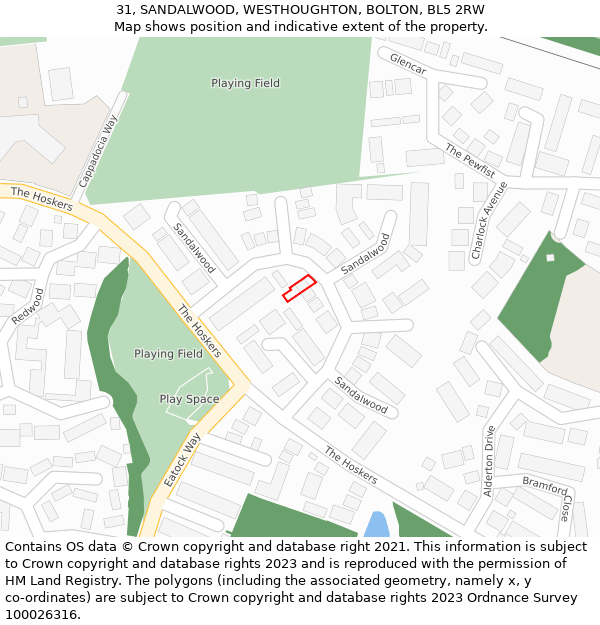 31, SANDALWOOD, WESTHOUGHTON, BOLTON, BL5 2RW: Location map and indicative extent of plot