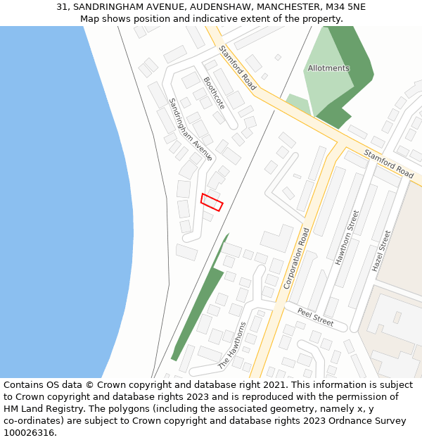 31, SANDRINGHAM AVENUE, AUDENSHAW, MANCHESTER, M34 5NE: Location map and indicative extent of plot