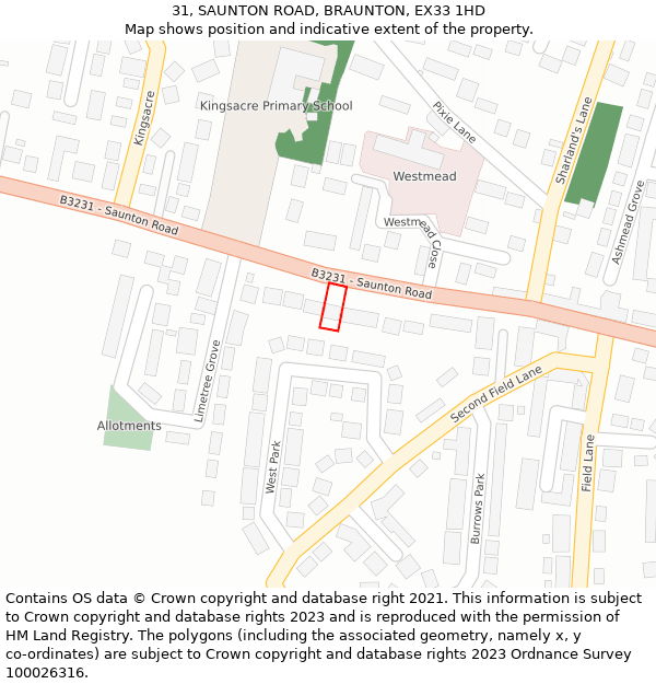 31, SAUNTON ROAD, BRAUNTON, EX33 1HD: Location map and indicative extent of plot