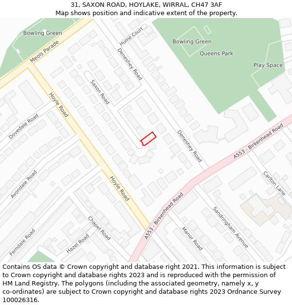 31, SAXON ROAD, HOYLAKE, WIRRAL, CH47 3AF: Location map and indicative extent of plot