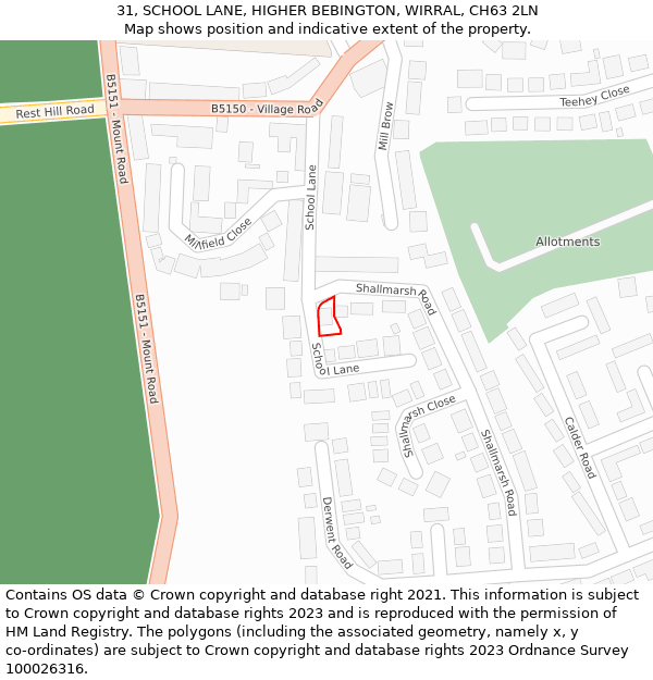 31, SCHOOL LANE, HIGHER BEBINGTON, WIRRAL, CH63 2LN: Location map and indicative extent of plot