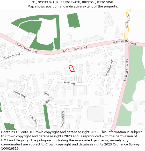 31, SCOTT WALK, BRIDGEYATE, BRISTOL, BS30 5WB: Location map and indicative extent of plot