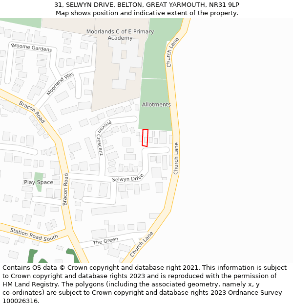 31, SELWYN DRIVE, BELTON, GREAT YARMOUTH, NR31 9LP: Location map and indicative extent of plot