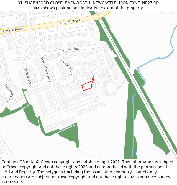 31, SHARNFORD CLOSE, BACKWORTH, NEWCASTLE UPON TYNE, NE27 0JY: Location map and indicative extent of plot