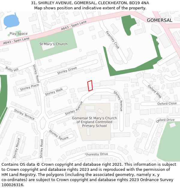 31, SHIRLEY AVENUE, GOMERSAL, CLECKHEATON, BD19 4NA: Location map and indicative extent of plot