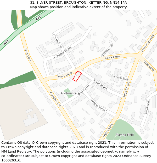 31, SILVER STREET, BROUGHTON, KETTERING, NN14 1PA: Location map and indicative extent of plot