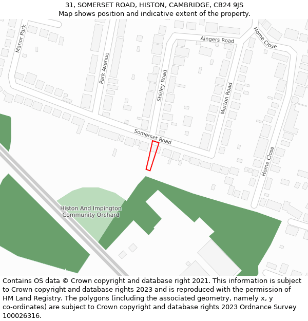 31, SOMERSET ROAD, HISTON, CAMBRIDGE, CB24 9JS: Location map and indicative extent of plot