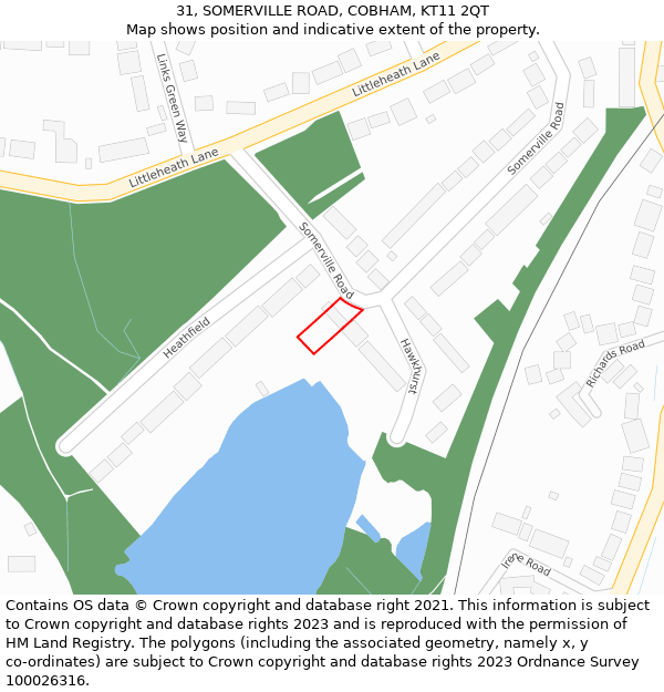 31, SOMERVILLE ROAD, COBHAM, KT11 2QT: Location map and indicative extent of plot