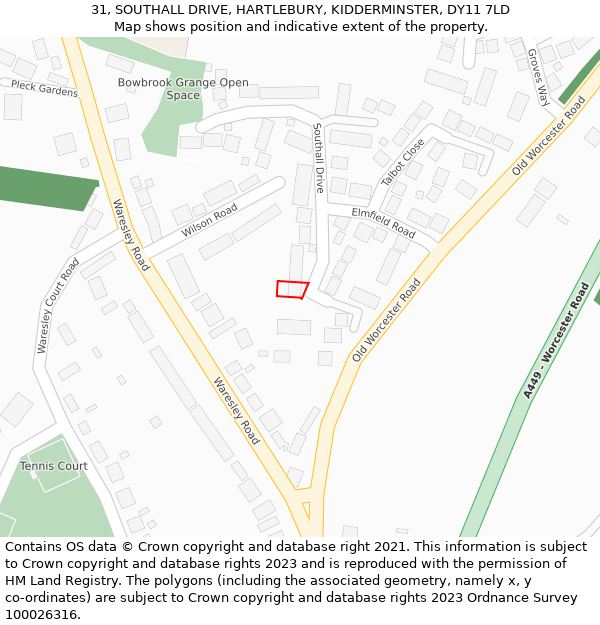 31, SOUTHALL DRIVE, HARTLEBURY, KIDDERMINSTER, DY11 7LD: Location map and indicative extent of plot