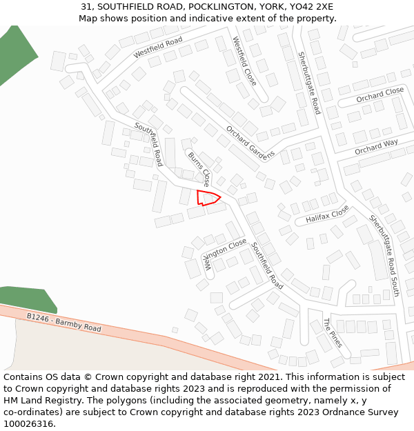 31, SOUTHFIELD ROAD, POCKLINGTON, YORK, YO42 2XE: Location map and indicative extent of plot