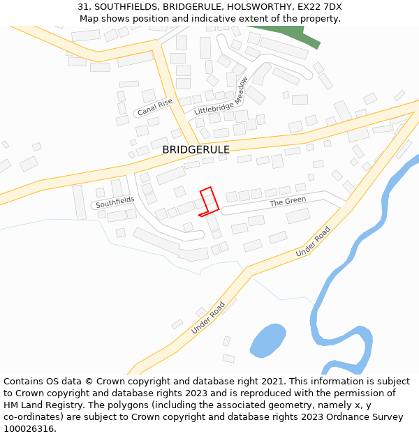 31, SOUTHFIELDS, BRIDGERULE, HOLSWORTHY, EX22 7DX: Location map and indicative extent of plot