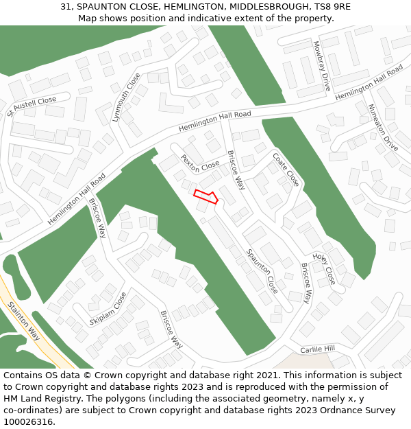 31, SPAUNTON CLOSE, HEMLINGTON, MIDDLESBROUGH, TS8 9RE: Location map and indicative extent of plot