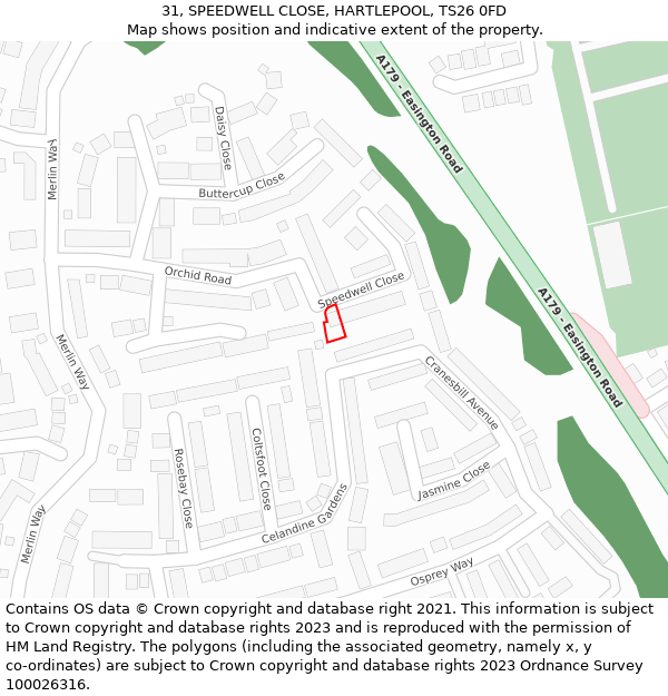 31, SPEEDWELL CLOSE, HARTLEPOOL, TS26 0FD: Location map and indicative extent of plot