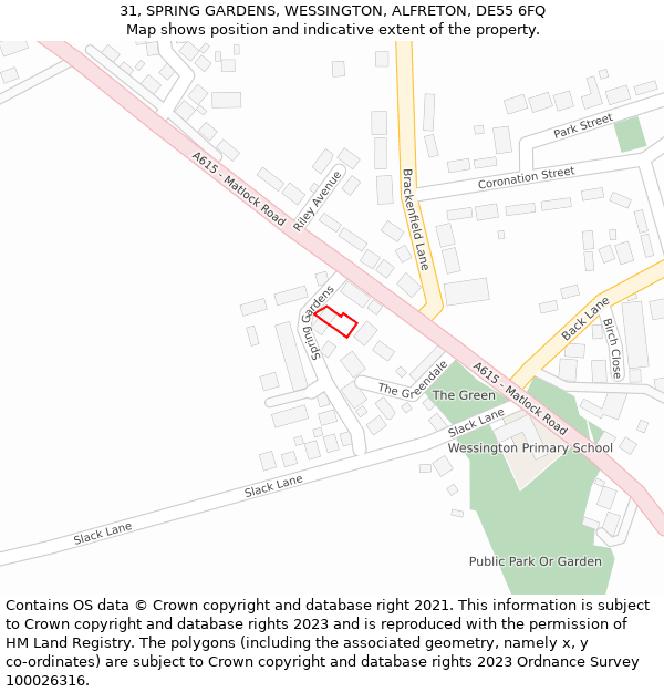 31, SPRING GARDENS, WESSINGTON, ALFRETON, DE55 6FQ: Location map and indicative extent of plot