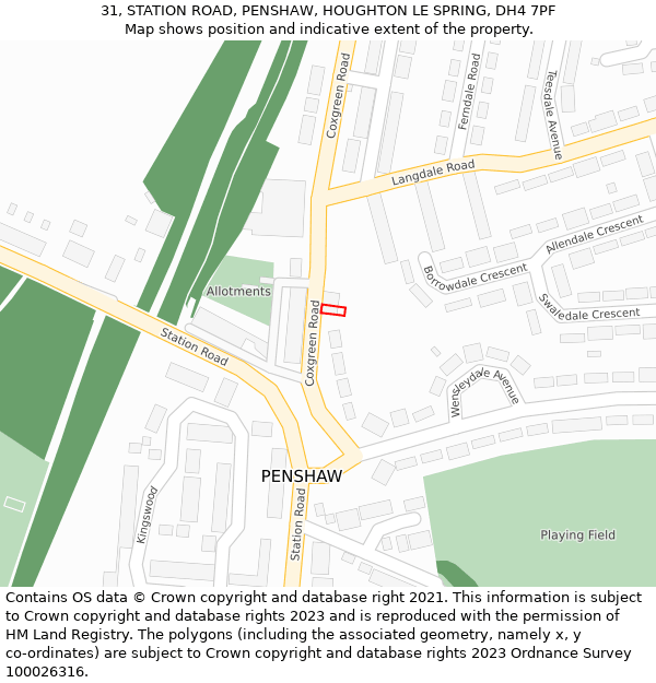 31, STATION ROAD, PENSHAW, HOUGHTON LE SPRING, DH4 7PF: Location map and indicative extent of plot