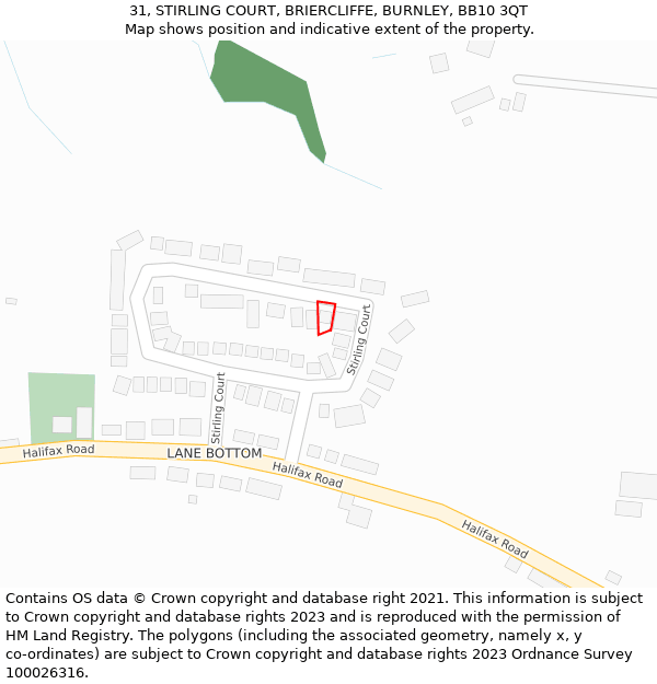 31, STIRLING COURT, BRIERCLIFFE, BURNLEY, BB10 3QT: Location map and indicative extent of plot