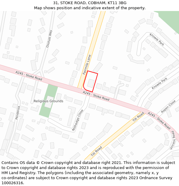 31, STOKE ROAD, COBHAM, KT11 3BG: Location map and indicative extent of plot