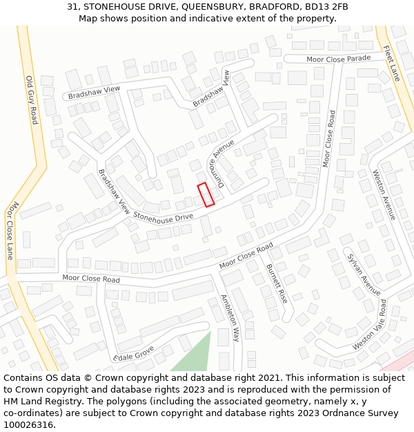 31, STONEHOUSE DRIVE, QUEENSBURY, BRADFORD, BD13 2FB: Location map and indicative extent of plot