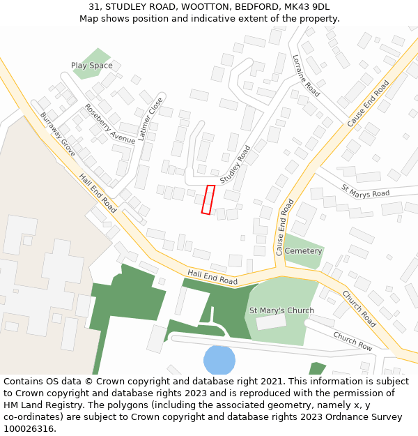 31, STUDLEY ROAD, WOOTTON, BEDFORD, MK43 9DL: Location map and indicative extent of plot